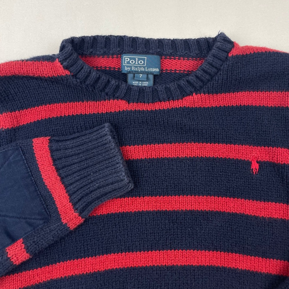 Polo Ralph Lauren Kids Navy Red Striped Knit Sweater Elbow Patches Size 7